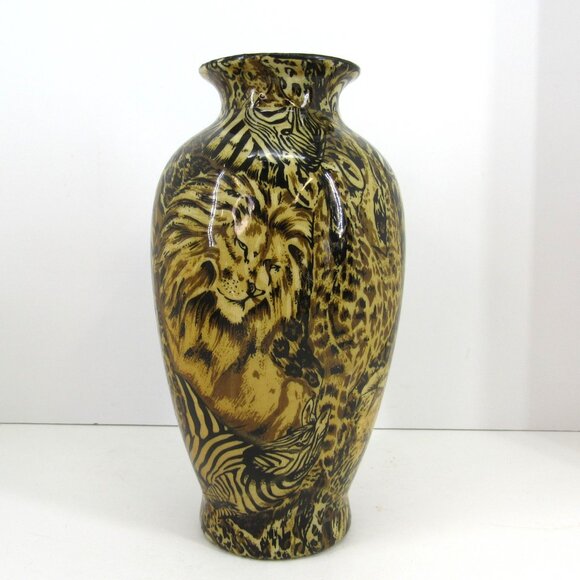 Ceramic African Safari Patchwork Vase Lions Leopards and Zebra 9 Inch Tall - Picture 7 of 7